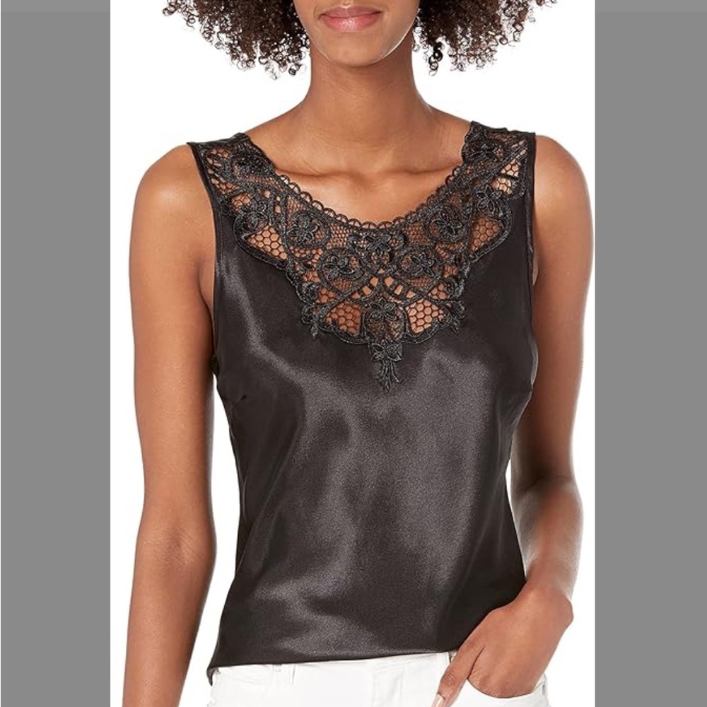 Vintage Cinema Etoile Charmeuse Satin Slip Camisole Black Lace Trim Tank Top 2X